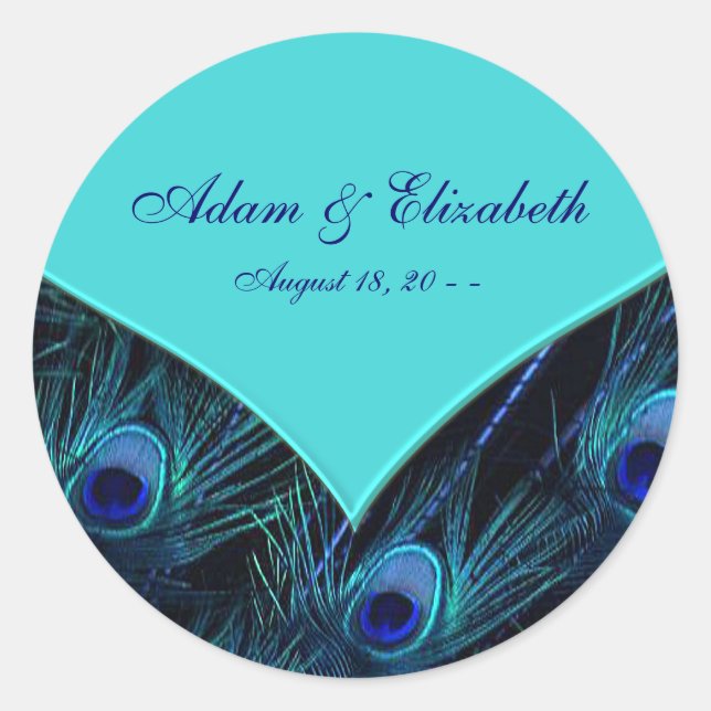 Royal Teal Blue Peacock Wedding Classic Round Sticker (Front)