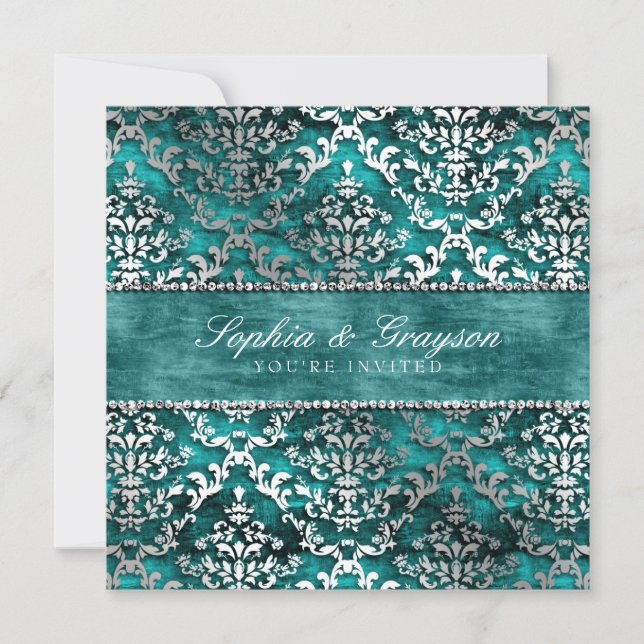 Royal Teal Glimmer Damask Wedding Invite (Front)