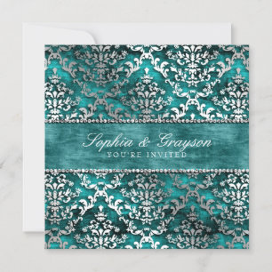 Royal Teal Glimmer Damask Wedding Invite