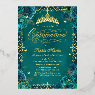 Royal Teal Gold Butterfly Rose Quinceanera