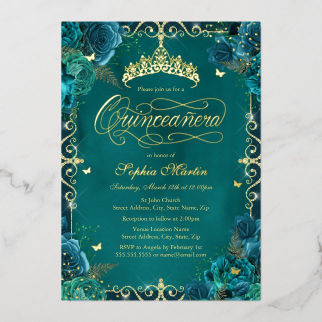 Royal Teal Gold Butterfly Rose Quinceanera (Front)