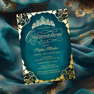 Royal Teal Gold Elegant Script Quinceanera 