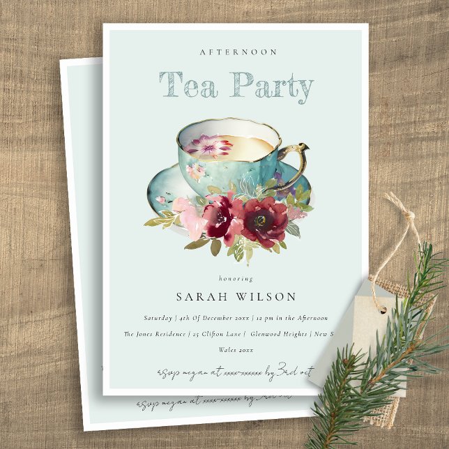 Royal Teal Gold Floral Teacup Afternoon Tea Party Invitation (Creator Uploaded)