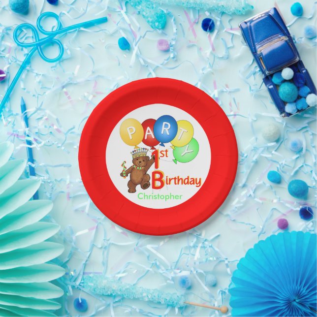 Royal Teddy Bear 1st Birthday Party Paper Plate (Party)