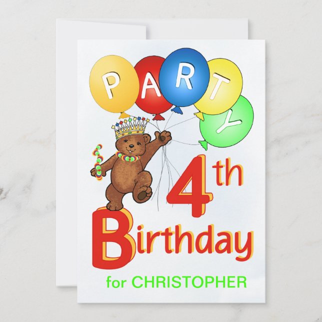 Royal Teddy Bear 4th Birthday Party Invitation (Front)