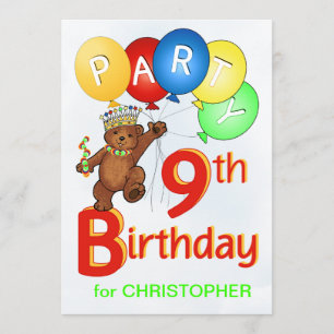 Royal Teddy Bear 9th Birthday Party Invitation