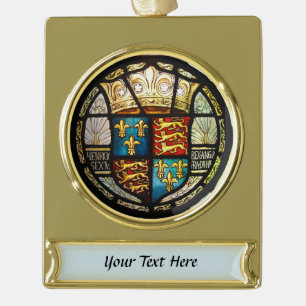 Royal Tudor Coat of Arms Henry VIII Stained Glass Gold Plated Banner Ornament
