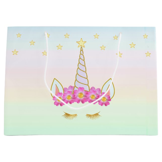 Royal Unicorn, Flowers & Stars on Pastel Colours M Large Gift Bag (Front)
