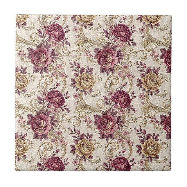 Royal Victorian Roses - Burgundy Floral Pattern Tile (Front)