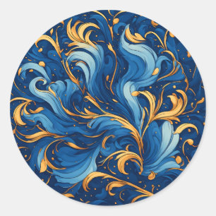 Royal Waves of Whimsy Swirls of Blue & Gold Classic Round Sticker