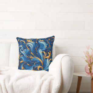 Royal Waves of Whimsy Swirls of Blue & Gold Cushion