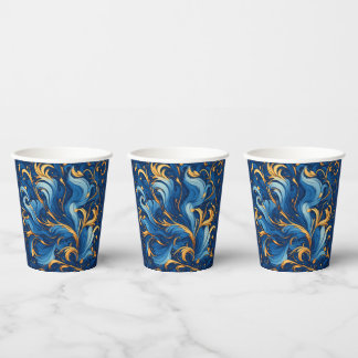 Royal Waves of Whimsy Swirls of Blue & Gold Paper Cups