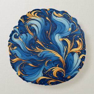 Royal Waves of Whimsy Swirls of Blue & Gold Round Cushion