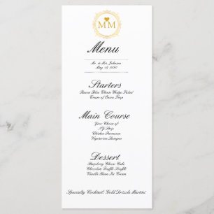 Royal Wedding Gold Heart Monogram   Dinner Menu