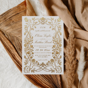 Royal White & Gold Faux Florals Ornate Wedding Invitation