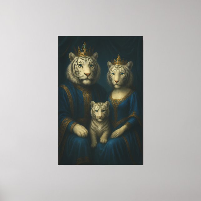 Royal White Tiger Family Portrait – Majestic Blue- Canvas Print (Front)