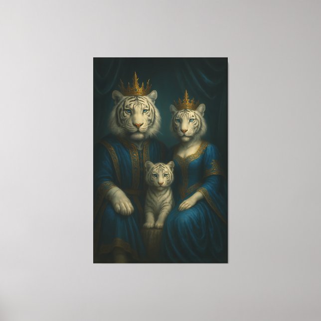 Royal White Tiger Family Portrait – Majestic Blue- Canvas Print (Front)