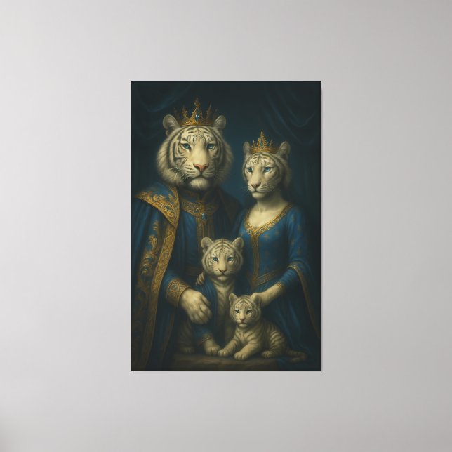 Royal White Tiger Family Portrait – Majestic Blue- Canvas Print (Front)