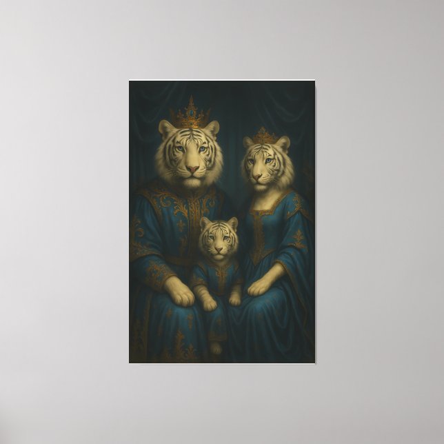 Royal White Tiger Family Portrait – Majestic Blue- Canvas Print (Front)