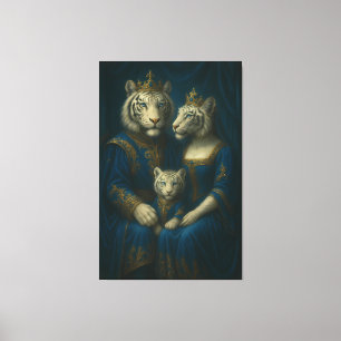 Royal White Tiger Family Portrait – Majestic Blue- Canvas Print