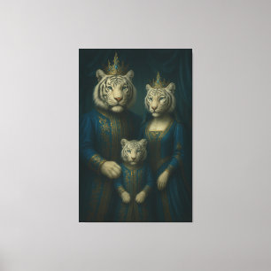 Royal White Tiger Family Portrait – Majestic Blue Canvas Print