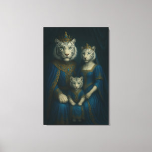 Royal White Tiger Family Portrait – Majestic Blue- Canvas Print