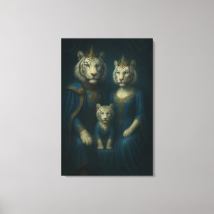Royal White Tiger Family Portrait – Majestic Blue- Canvas Print