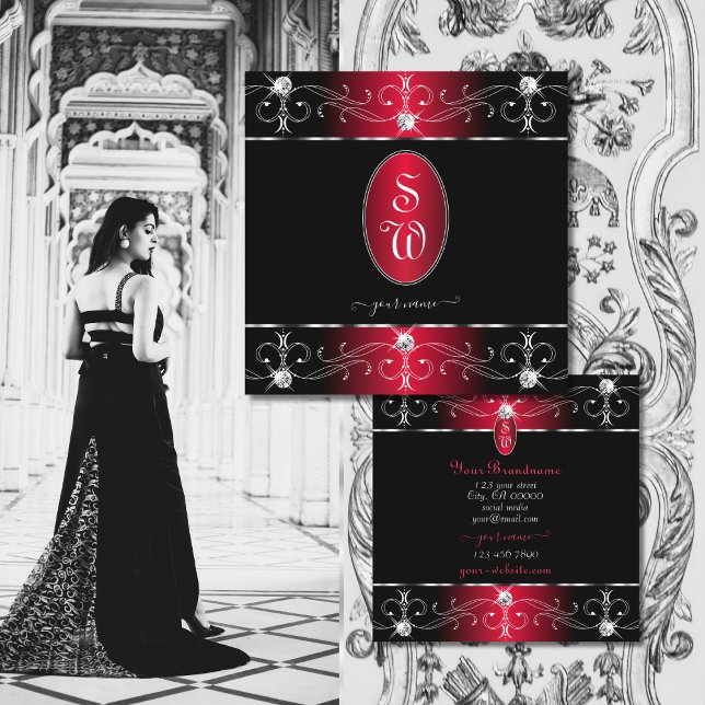 Royally Black Red Ornate Ornaments Jewels Initials Square Business Card (Creator Uploaded)