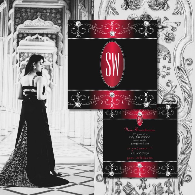 Royally Black Red Ornate Ornaments Jewels Monogram Square Business Card (Creator Uploaded)