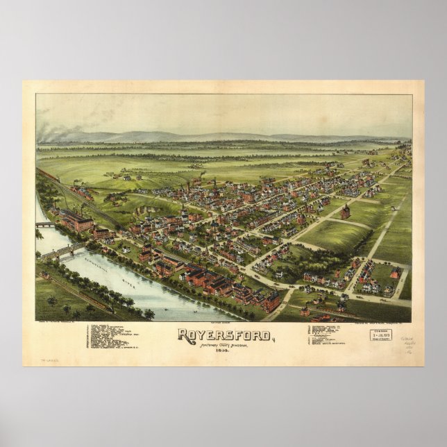 Royersford Pennsylvania 1893 Antique Panoramic Map Poster (Front)