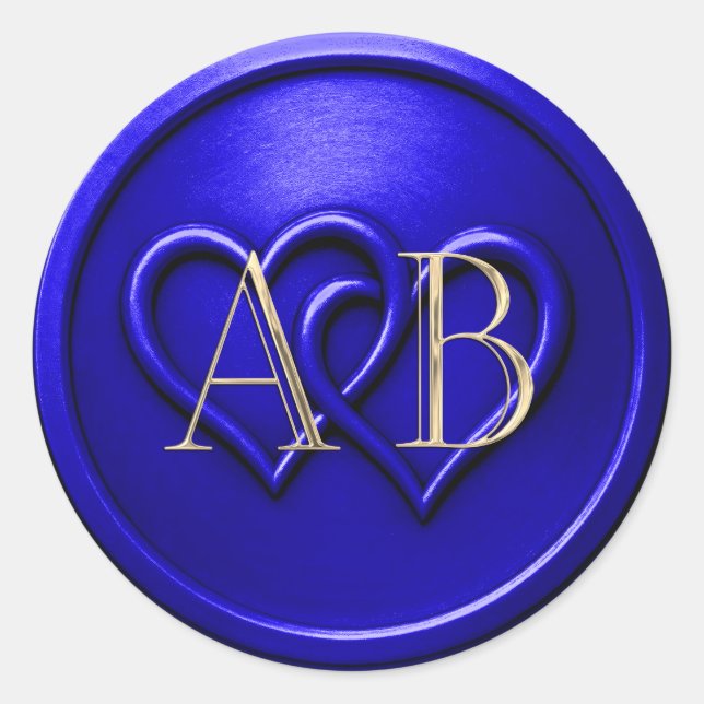 Royl Blue Two Hearts Intertwined Monogram Wedding Classic Round Sticker (Front)