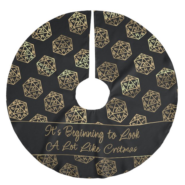 RPG Critmas | Gold Fantasy Tabletop Gamer Dice Brushed Polyester Tree Skirt (Front)