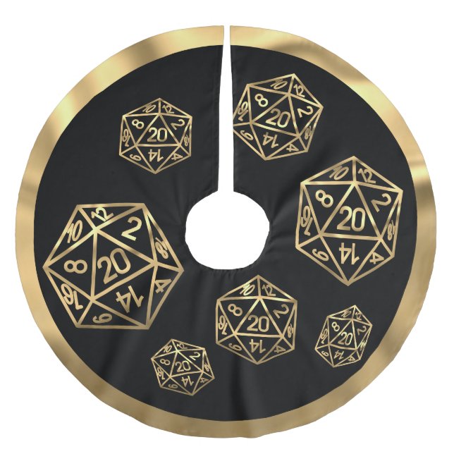RPG Critmas | Gold Fantasy Tabletop Gamer Dice Brushed Polyester Tree Skirt (Front)