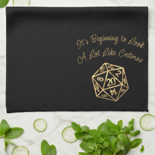 RPG Critmas   Gold Fantasy Tabletop Gamer Dice Tea Towel