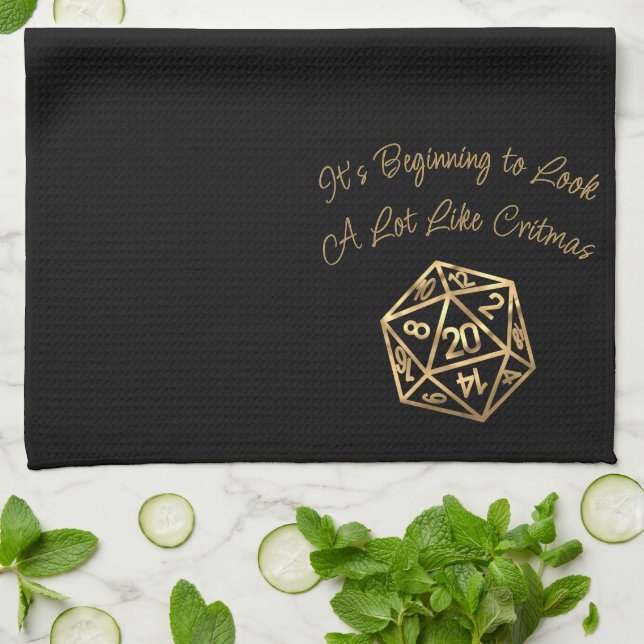 RPG Critmas | Gold Fantasy Tabletop Gamer Dice Tea Towel (Folded)
