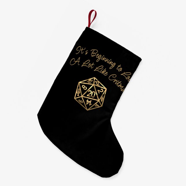 RPG Critmas | Gold Retro Tabletop Roleplayer Dice Small Christmas Stocking (Front (Hanging))