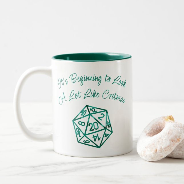 RPG Critmas | Neon Green Tabletop PnP Gamer Dice Two-Tone Coffee Mug (With Donut)