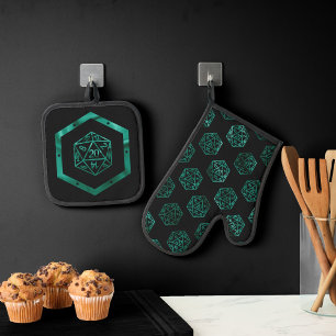 RPG Dice Emerald Fantasy Tabletop Retro Gamer Oven Mitt & Pot Holder Set