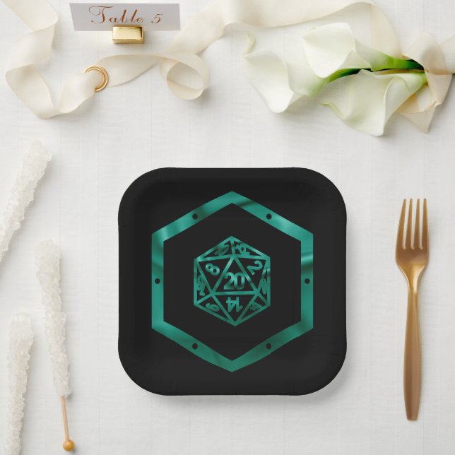 RPG Dice | Emerald Fantasy Tabletop Retro Gamer Paper Plate (Wedding)