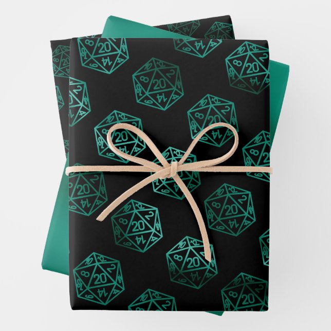 RPG Dice | Emerald Fantasy Tabletop Retro Gamer Wrapping Paper Sheet (In situ)