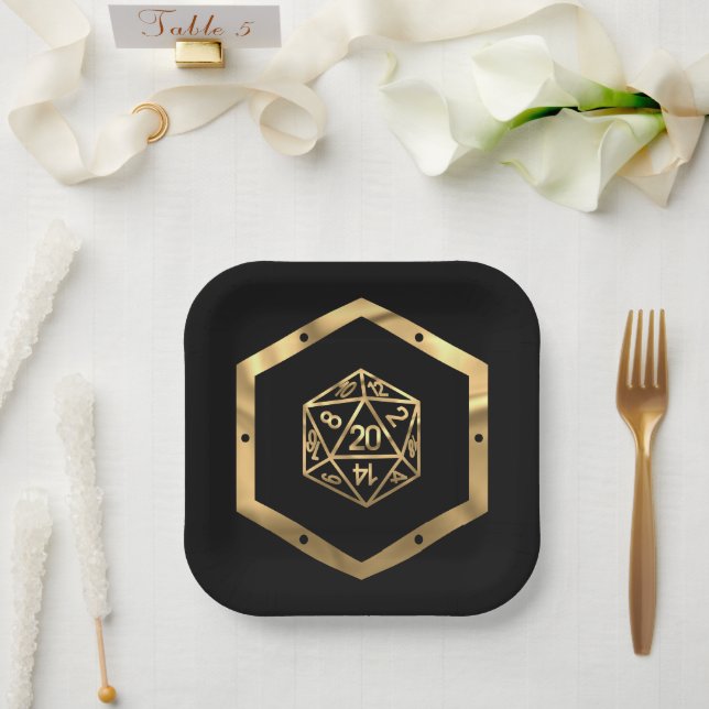 RPG Dice | Gold Fantasy Retro Tabletop PnP Gamer Paper Plate (Wedding)