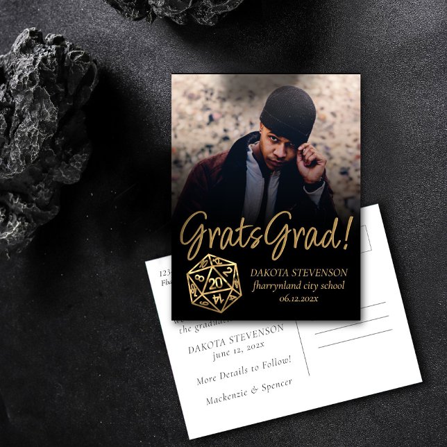 RPG Dice | Gold Fantasy Tabletop Gamer Graduation Announcement Postcard (Creator Uploaded)