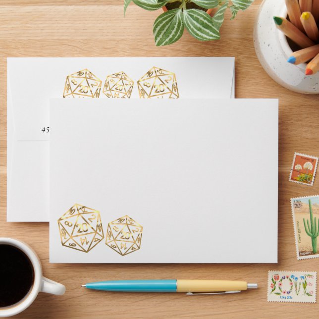 RPG Dice | Gold Tabletop PnP Gamer Return Address Envelope (Desk)