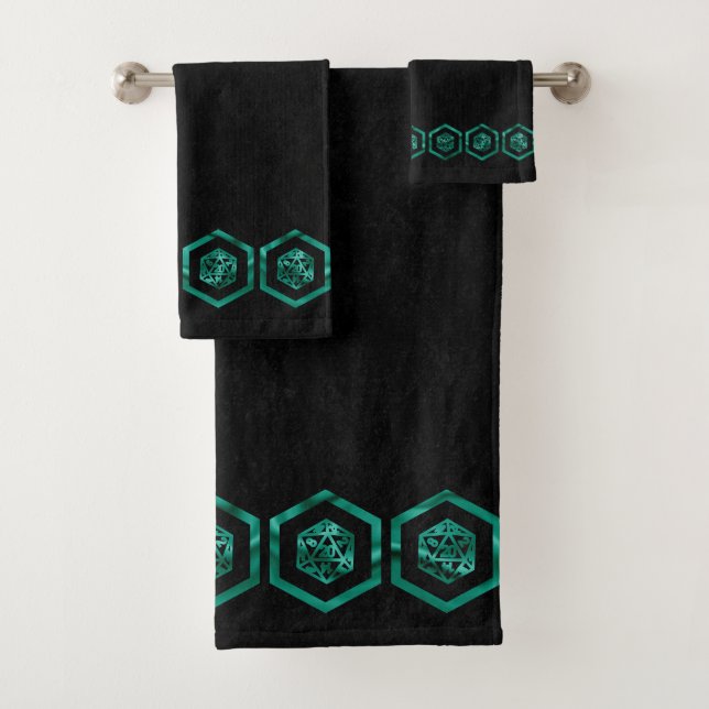 RPG Dice | Teal Green Retro Tabletop Role Player Bath Towel Set (Insitu)