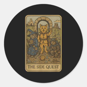 Rpg Gamer Cats Funny Side Quest Tarot Card Nerdy M Classic Round Sticker