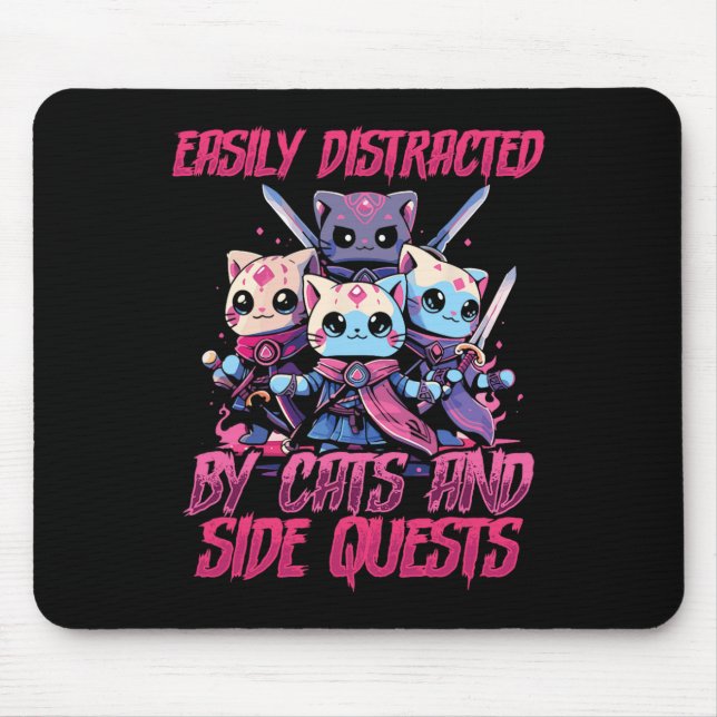 Rpg Gamer Cats Side Quest Distracted Nerdy Tableto Mouse Mat (Front)
