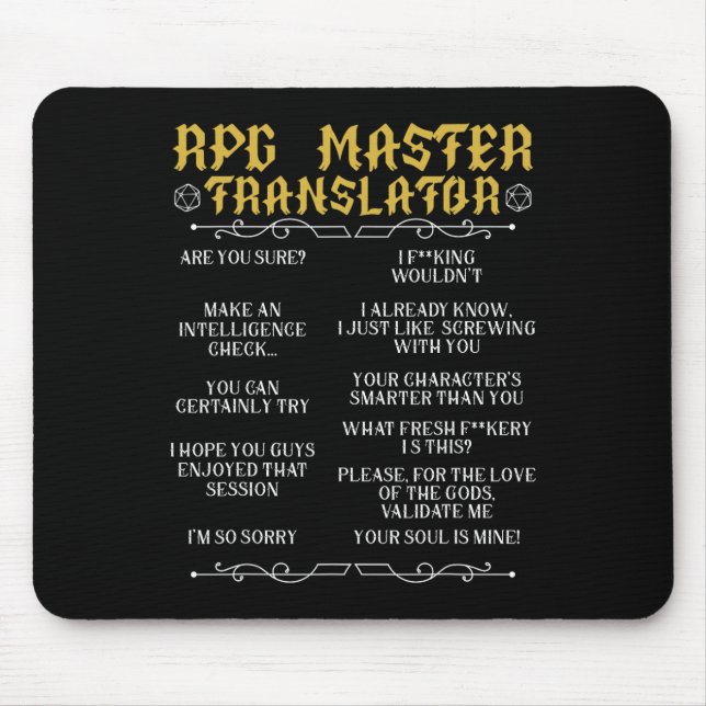 Rpg Master Translator D20 Tabletop Games Funny Rpg Mouse Mat (Front)