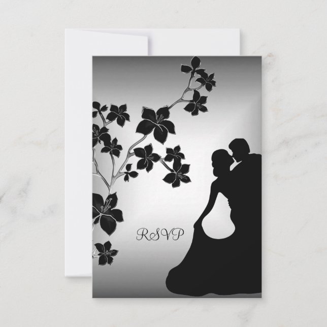 RSVP Anniversary Asian Black Silver Floral Couple Invitation (Front)