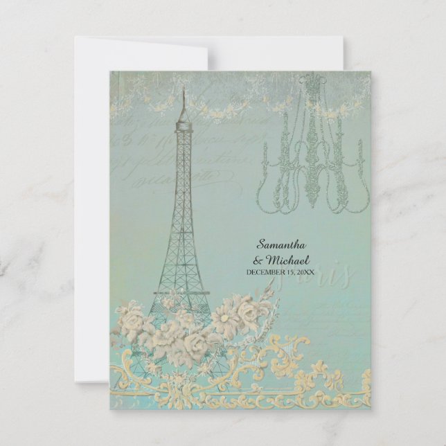 RSVP Aqua Vintage Paris Parisian Stylish Wedding (Front)