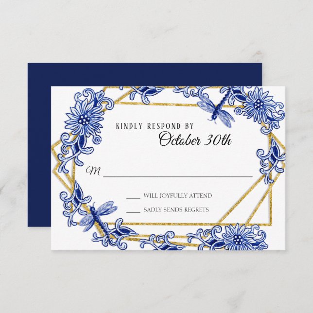 RSVP Asian Influence Navy Blue Floral Chinoiserie Invitation (Front/Back)